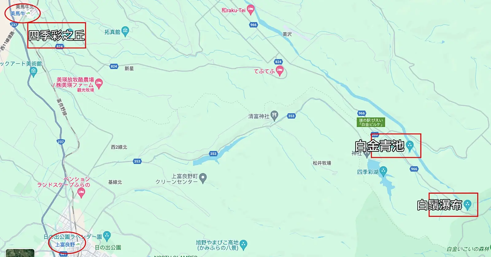北海道美瑛町觀光景點路線地圖