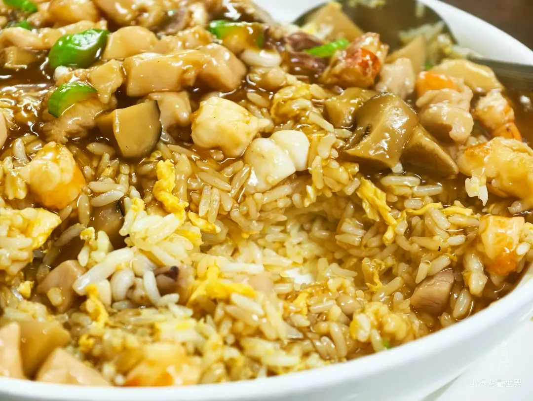 近距離拍攝一碗福州燴飯，可見底層金黃的蛋炒飯，上方覆蓋著滿滿的燴料，有蝦仁、香菇、肉塊和青菜丁，醬汁濃郁。